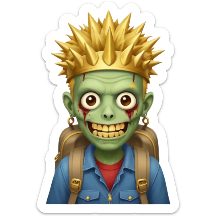 Zombie portrait with spikey hair, smirking with gold teeth, Astor’s hat, and a backpack sticker