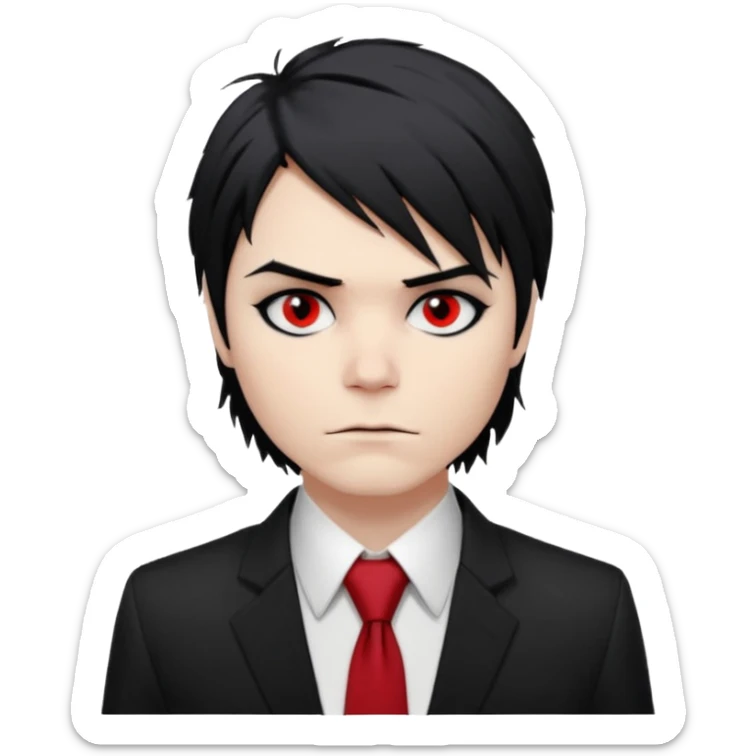 Gerard Way (Revenge Era)
Round, simplified emoji style
Pale skin tone
Jet-black, shoulder-length hair messy and emo
Heavy eyeliner and slight red shadow under the eyes
Subtle serious
Hint of red tie visible on black button up shirt.
Transparent background. Black eyeliner. Messy emo hair sticker