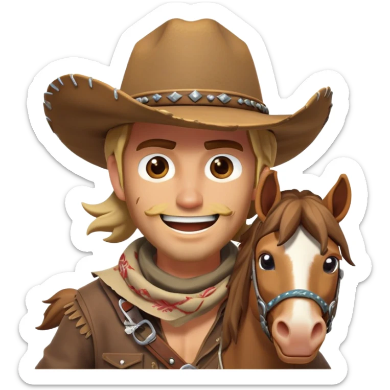clash-of-clans-aesthetic_-cinematic-playful-cowboy-portrait-emoji, head-tilted with a roguish, cheeky grin and twinkling eyes, featuring a rugged, spirited build with a wide-brimmed cowboy hat and a weathered bandana on tan skin, riding a powerful galloping horse with dynamic flowing mane, reins gripped firmly in one hand and a lasso in the other, as dust swirls behind them in a vast desert landscape. sticker