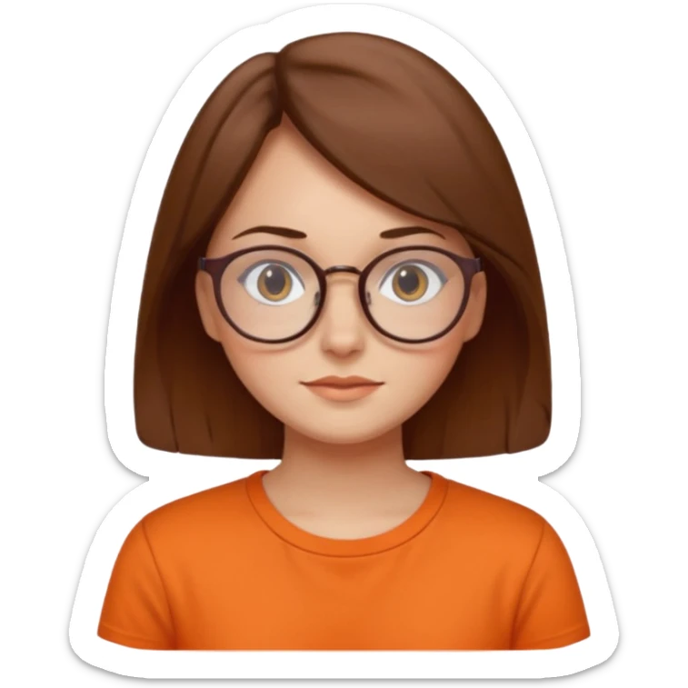 brown hair woman with round glasses orange shirt no smile sticker