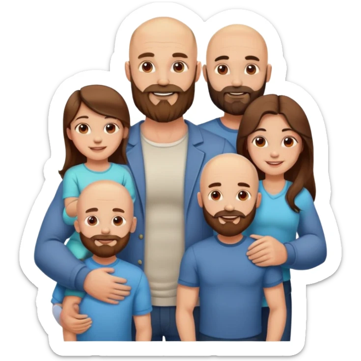 Happy Muscular Bald beard man and his hot wife with long brown hair and 3 sons sticker