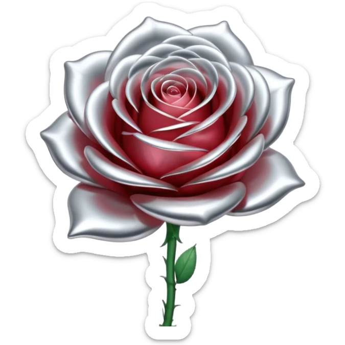 A rose emoji made of liquid silver metal, smooth metallic petals, reflective chrome surface, soft gradients, elegant shape, minimalistic iOS emoji style, centered, clean white background, realistic highlights, no text sticker