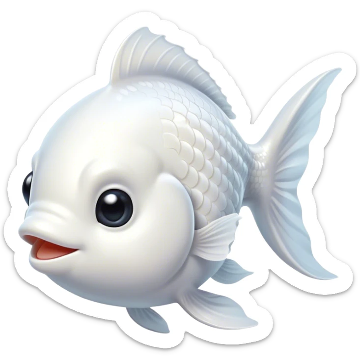 Cinematic Cute White Goldfish Portrait Emoji, Head tilted playfully and inquisitively, featuring a glossy, pure white body with delicate, shimmering scales and round, sparkling pale eyes filled with curiosity, Simplified yet irresistibly adorable features, highly detailed, glowing with a warm, friendly glow, high shine, affectionate and lively, stylized with a touch of whimsy, bright and endearing, soft glowing outline, capturing the essence of a mischievous yet loving goldfish, so playful it feels like it could swim out of the screen and into your heart! sticker