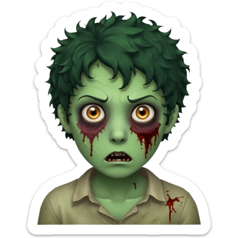 zombie character with green skin, messy short curly black hair, and no glasses. Give him large expressive eyes, a slightly frightened or eerie expression, subtle wounds, dark under-eye shadows, and a few cracks or dried blood marks on the face.  sticker