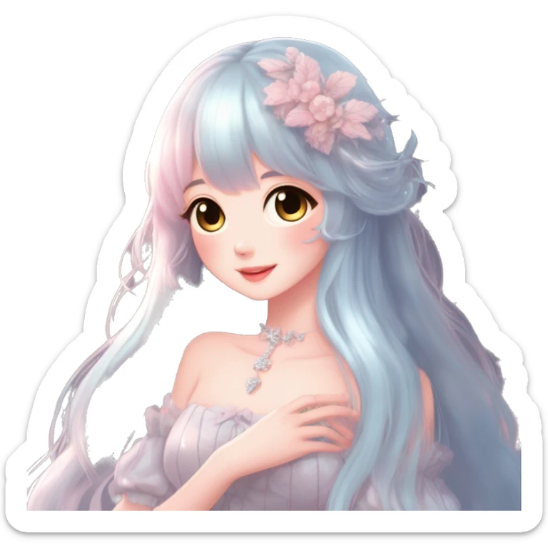 Dreamy pretty elegant kawaii shiny blushing shy anime pastel lady kawaii beautiful hair naturecore fairycore cottagecore jewels trending aesthetic full body sticker