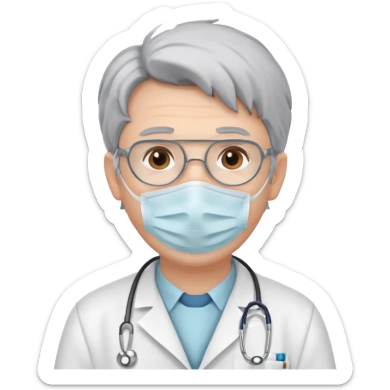 This is a cartoon-style avatar of a doctor with gray hair, wearing a face mask sticker