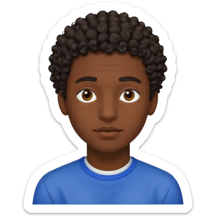 Une homme de 17 ans il a la peau noir foncé , des lèvres pulpeuses des sourcils plus ou moins épais Il a un taper bouclé  mais que au dessus il a un dégradé sur les côtés  sticker