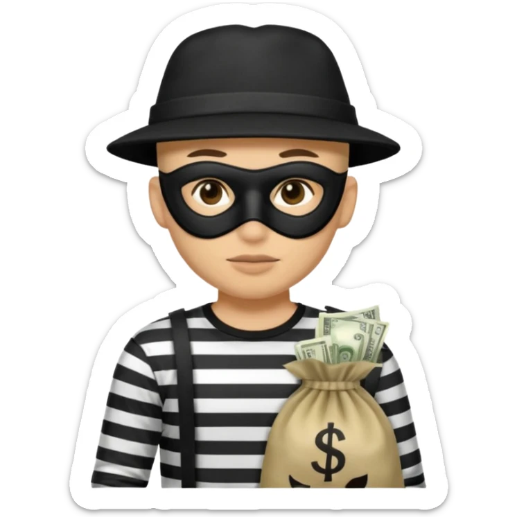 un sombrero de delincuente y un saco de dinero, el ladrón tiene una camisa de rayas negras y blancas y el rostro un antifaz color negro. sticker