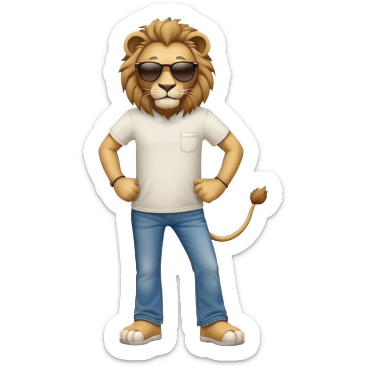anthropomorphised lion in t-shirt and jeans with sunglasses walking upright, relaxed pose sticker