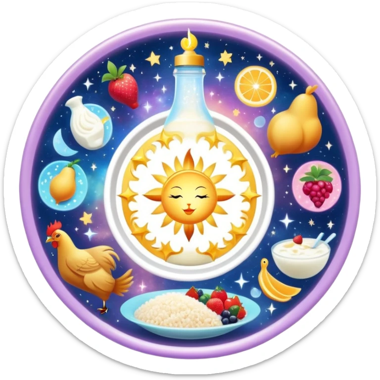 Magical daily fitness nutrition schedule with ethereal water bottle, celestial sun, enchanted chicken and rice plate, mystical gym equipment, glowing yogurt, sparkling fruits, and dreamy sleep symbol, all arranged in a cosmic circle with starry aura sticker