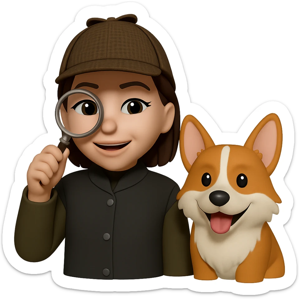 Add a corgi dog next to the woman who looks like a detective creating a design system. She should have a magnifying glass in her hand and wear a detective hat. Keep the same style as the original image. The background should be transparent. sticker