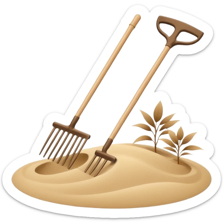 Minimalist emoji of a Japanese zen garden rake with four teeth, elegant thin lines, light wood tone, sand-beige palette, flat vector style, calm and balanced aesthetic, zen-inspired, transparent background, premium minimal design sticker