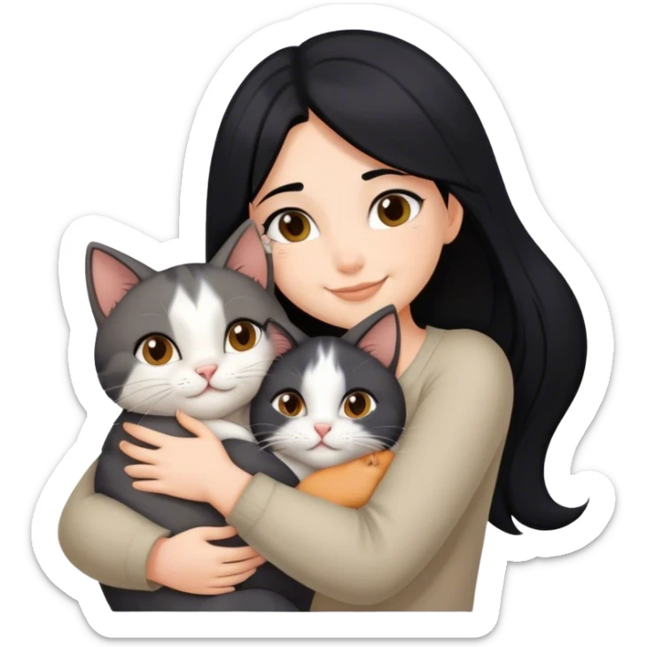 happy girl with black hair hugging three cats  (carey cat, gray cat, brown calico cat) sticker
