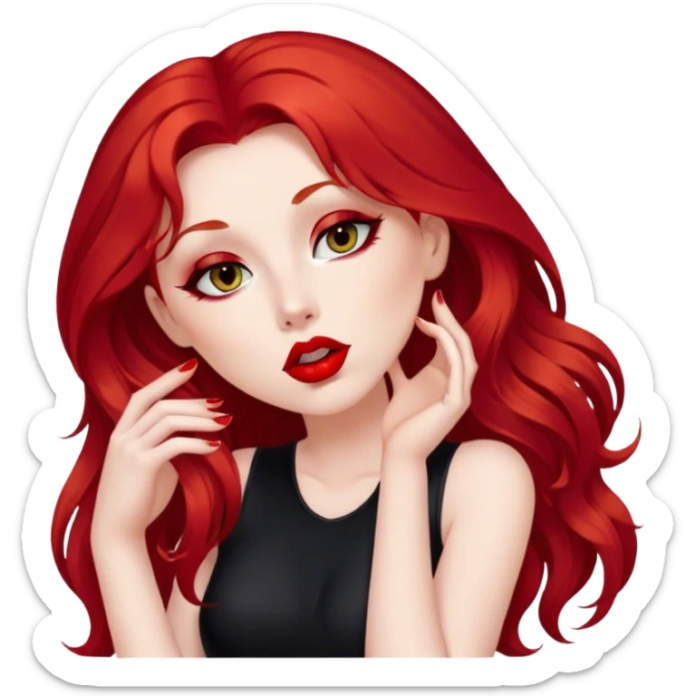 a pretty woman with long red hair and red eyes. The woman wear a black little cutted dress. She have red lipstick and she have a seductive look. She send a kiss sticker