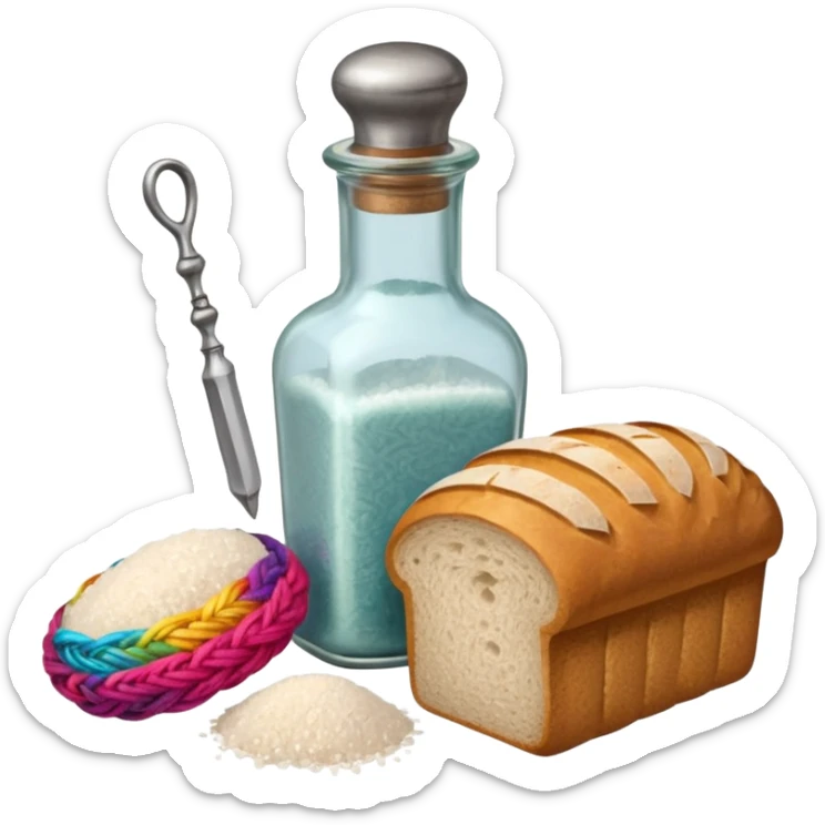 a one victorian bottle of salt and a loaf of bread - crochet needles and a ball of wool sticker