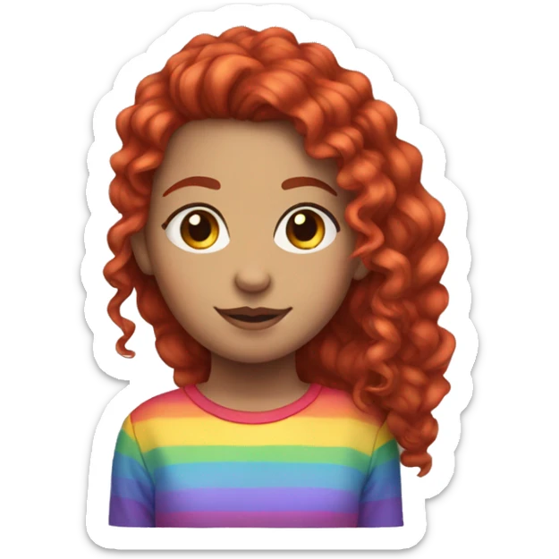 a girl with red curly hair in a pony tail with rainbow shirt sticker