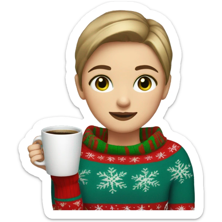 Light brown short haired girl with green eyes drinking coffee wearing blue Christmas sweater sticker