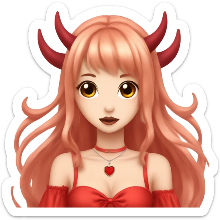 hime gyaru girl, devil horns, red long hair, red dress sticker