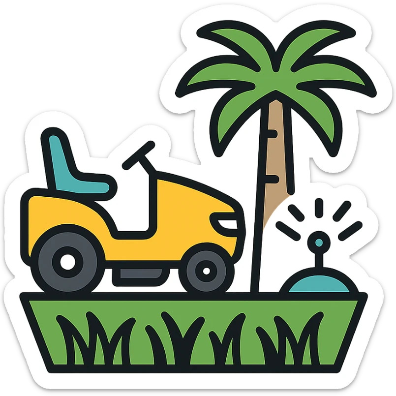 lawn care company logo with lawn mower mowing grass, palm tree in background, water sprinkler, clean professional style sticker