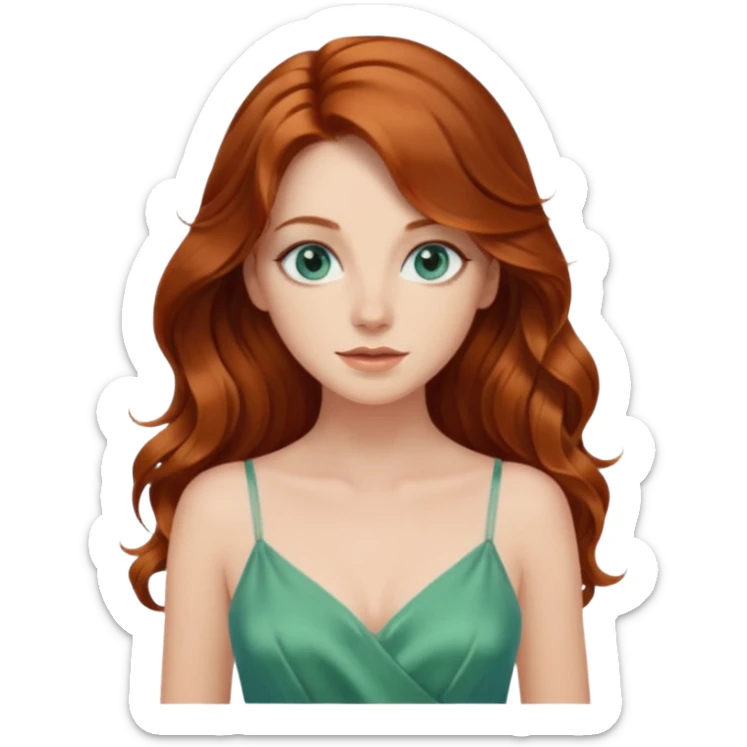 Long wavy Auburn hair woman BLUE eyes wearing green cami  dress sticker