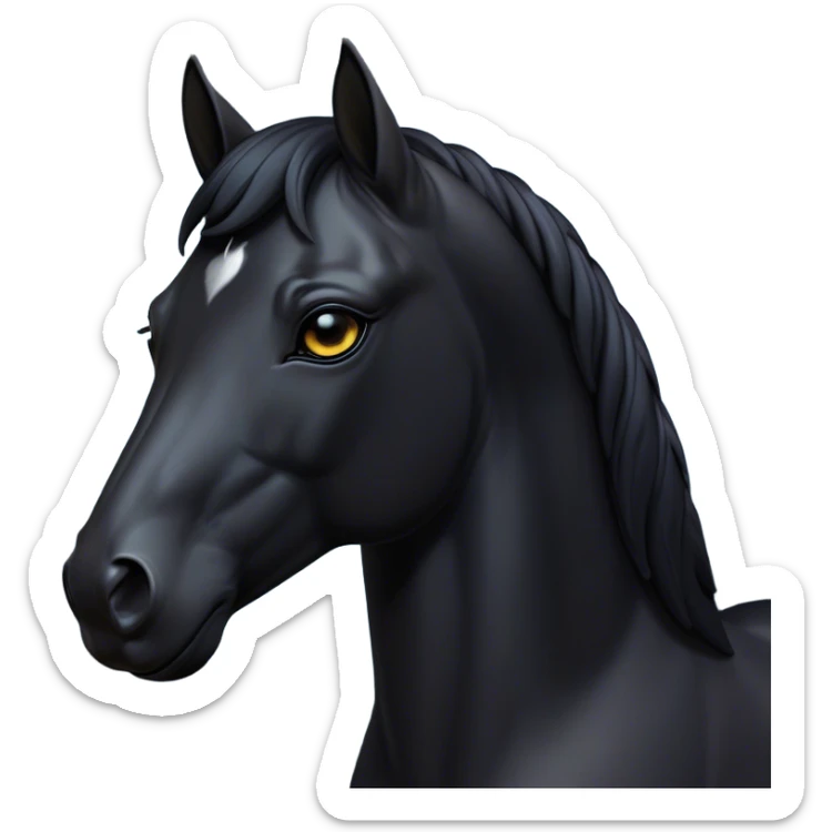 Cinematic Noble Black Horse Portrait Emoji, Poised and regal, with a strong, athletic build and a sleek, well-groomed jet-black fur, deep-set soulful dark eyes, Simplified yet sharp and sophisticated features, highly detailed, glowing with a soft, dignified glow, high shine, intelligent and commanding, stylized with an air of mysterious grace, focused and attentive, soft glowing outline, capturing the essence of a watchful and confident steed, so majestic it feels as though it could gallop out of the screen with effortless authority! sticker