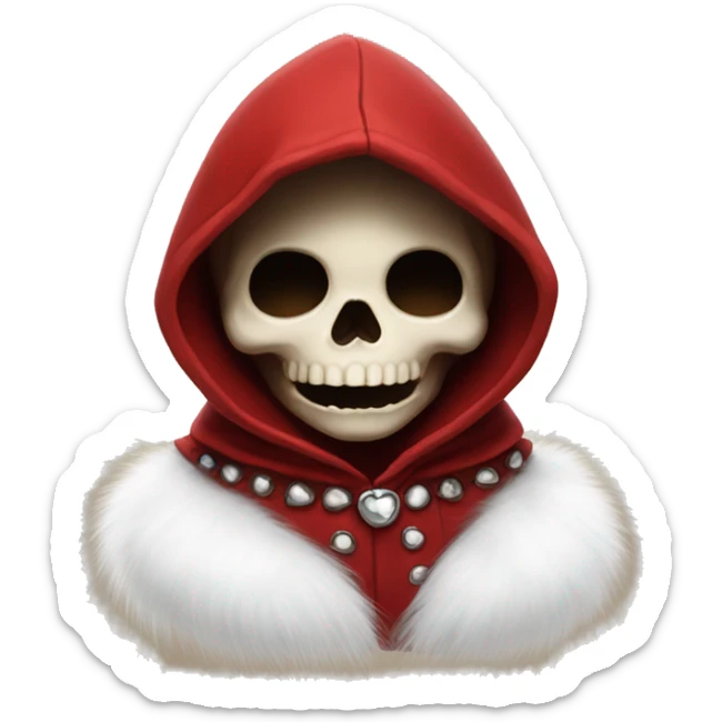 Cute young skull wearing a red velvet hood with white fur trim. sticker
