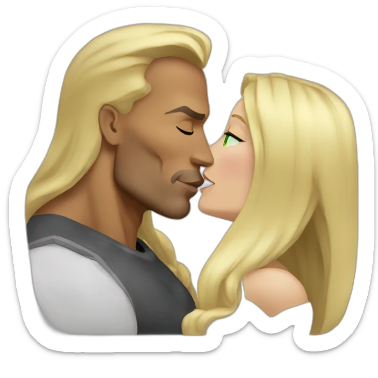 Dwayne Johnson kissing blond woman, with green eyes and very long hair sticker