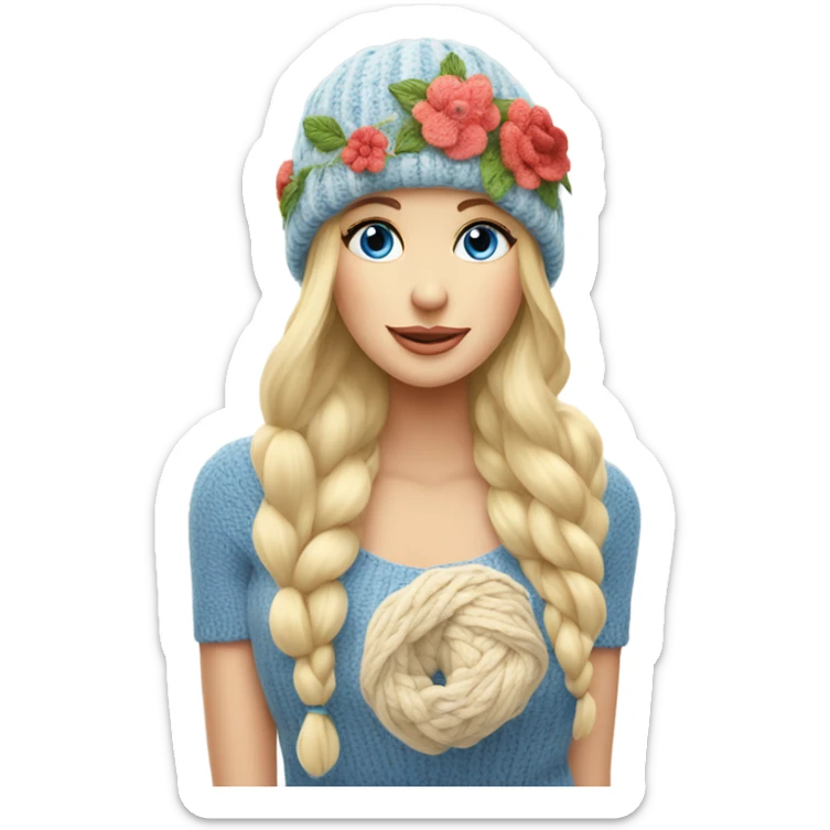 beautiful finnish blonde woman with blue eyes knitting floral hat sticker