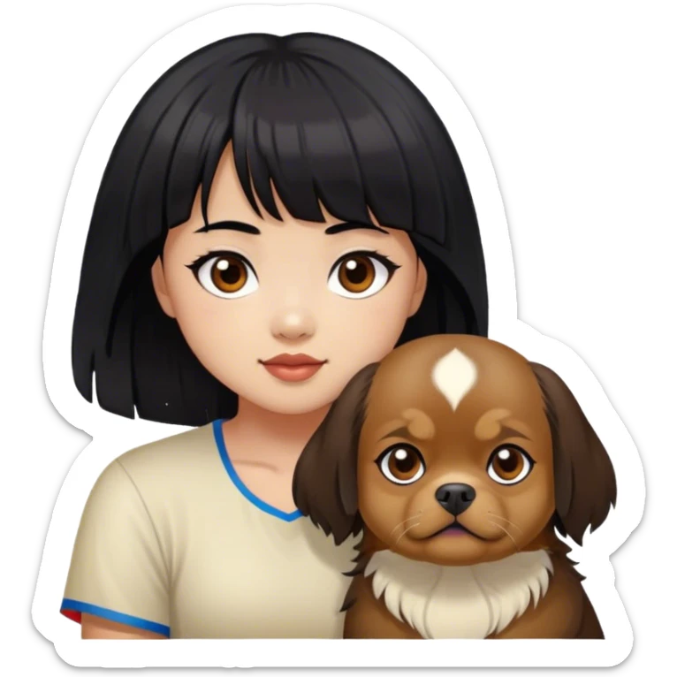 filipino girl black hair and bangs with cute big eye tibetan spaniel sticker