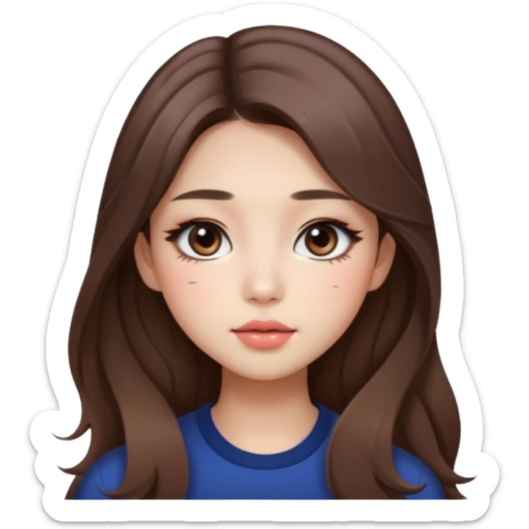 “korean straight brown hair Emoji girl, soft eyeliner and blush, gradient lips, light brown shimmer eyeshadow, long wavy hair,  sticker