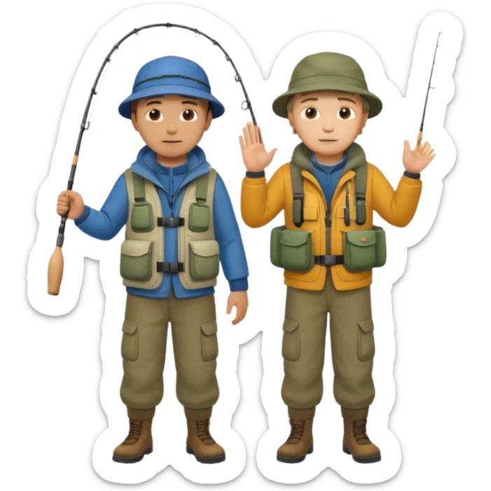 Father and son in fishing gear gesturing that they are cold, full body sticker