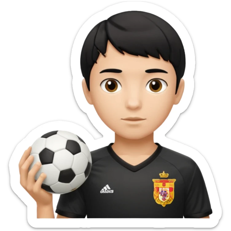 Spanish boy with black hair with bowl cut and black and white soccer jersey on sticker