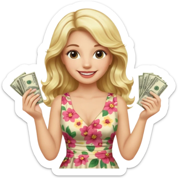 rich long hair blonde australian millionare woman holding a lot of money wearing cute floral dress sticker