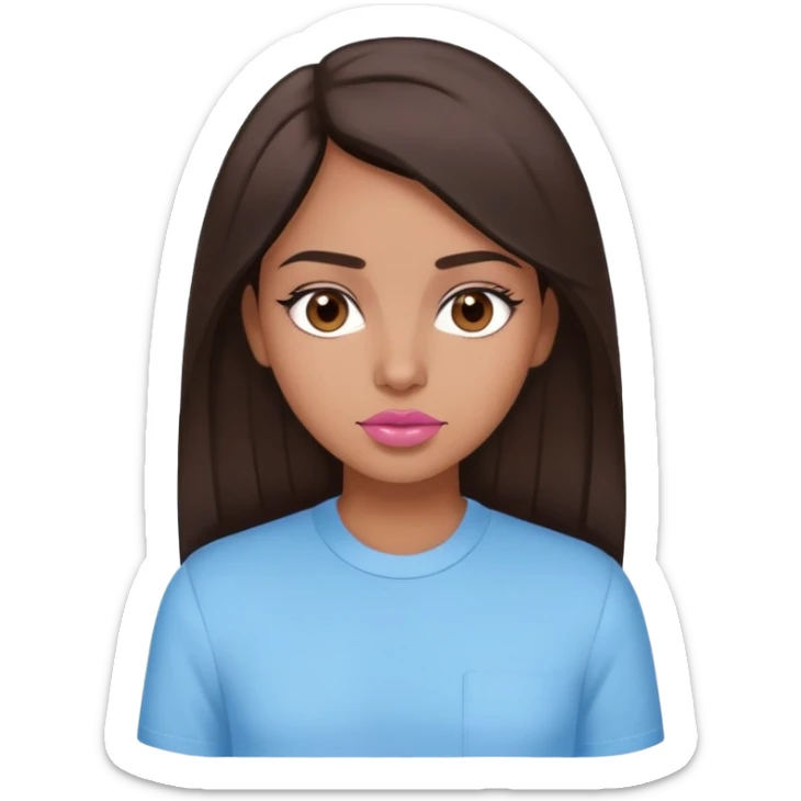 Brown girl with dark brown hair that’s straight and down with dark brown eyes and wearing a pastel blue shirt and pink lips sticker