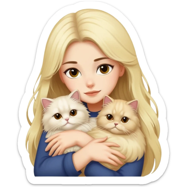 pretty girl with DARK long hair hugging her blonde fluffy persian cat  sticker