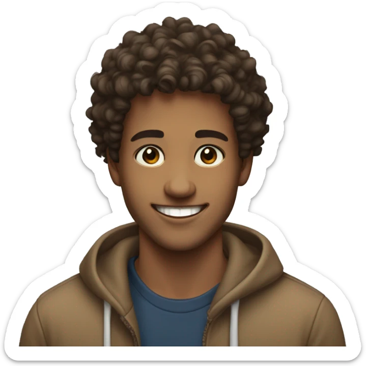 a young men, around 25 yo, curly hair, black eyes, brown hair, beatiful smile sticker