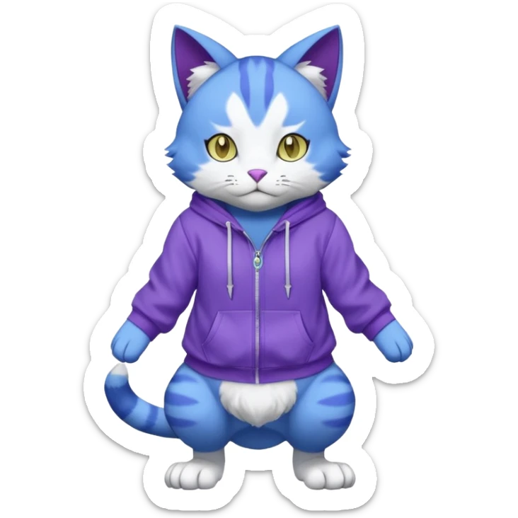 Blue cat-garurumon-purloin-feline-Fakemon-Digimon-creature wearing a violet hoodie fursona (full body)  sticker
