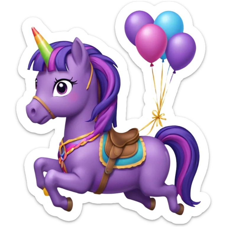 twillight sparkle mlp holding colorful balloons tied to its saddle, looking cheerful. sticker