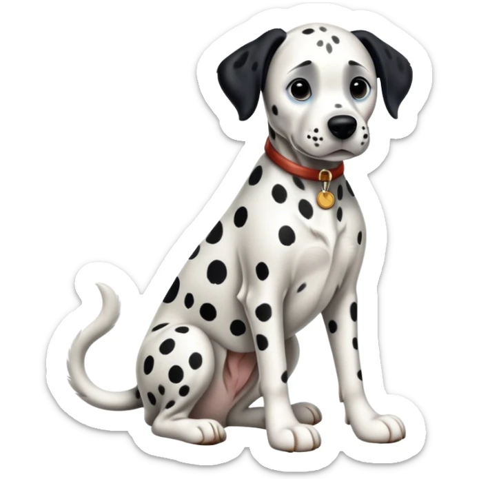 cinematic-[dalmatian dog]-realistic-full-body-sitting-emoji,-tail-resting-loosely-beside-its-paws,-head-tilted-dramatically,-sleek-[spotted]-fur,-simplified-yet-realistic-focused-features,-highly-detailed,-glowing-with-an-almost-sarcastic-glow sticker