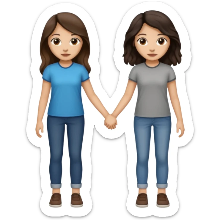 Longer wavy hair for one and straight for the other both dark brown hair. Light skin tone holding hands. Both woman sticker