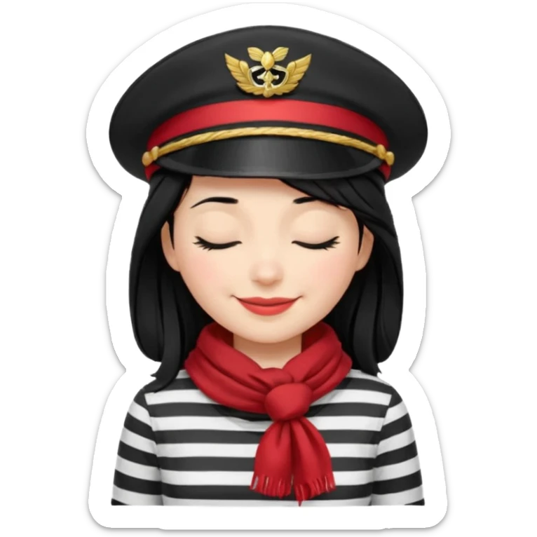 marinera de pelo negro piel blanca con camisa a rayas blanco y negro y pañuelo rojo y gorra de capitana y sonrisa con ojos cerrados sticker