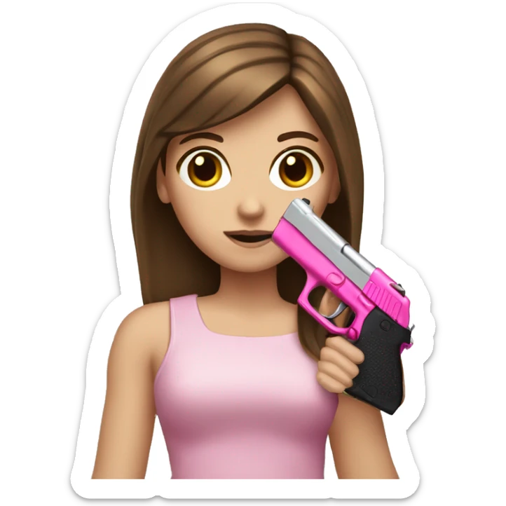 White Girl brown hair hand pink nails holding pink gun sticker
