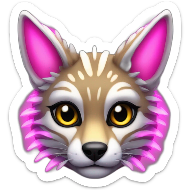 Coyote ocelot with grey and black fur and phoenix wings and pink ears half skeleton, neon lights sticker
