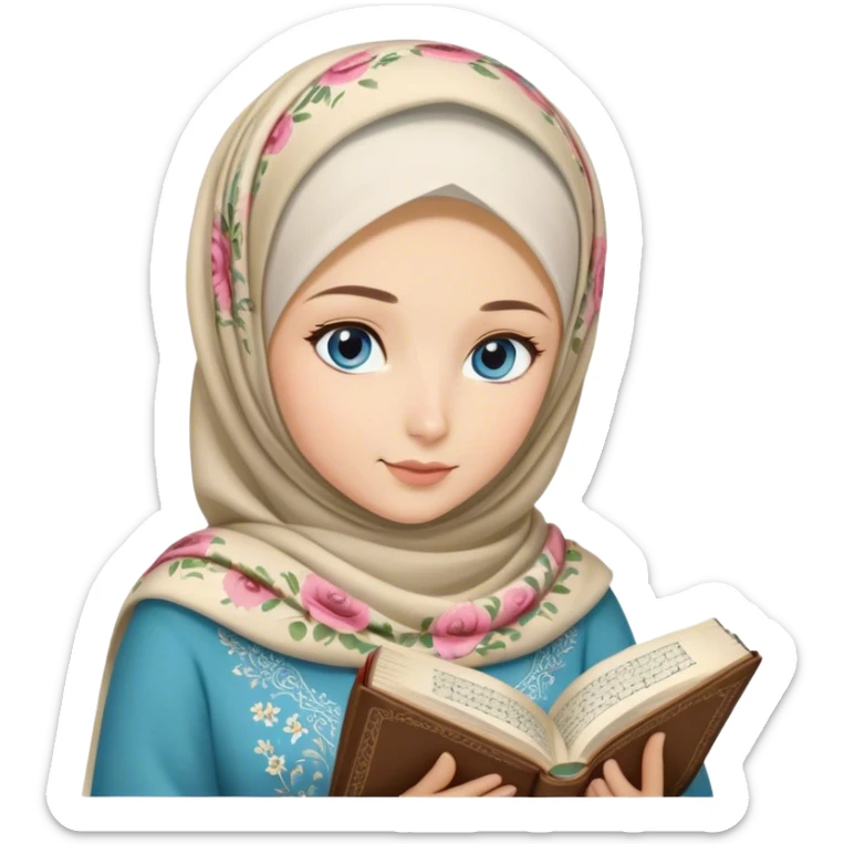 Turkish blonde floral design Hijabi girl with blue eyes and beautiful finish reading quran sticker