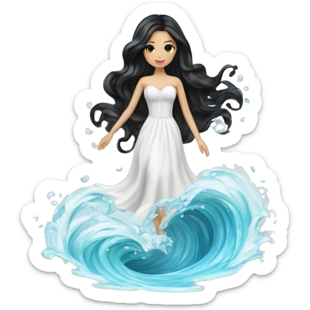 Pretty young Lady doll posing posed pose with long black hair flowers in hair white dress surrounded by flowing water water swirls waves sticker