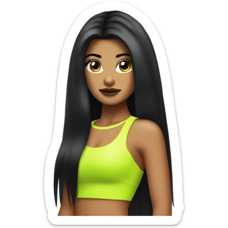 Tanned woman with long black hair dressed in Y2K pop hair, makeup, and neon attire sticker