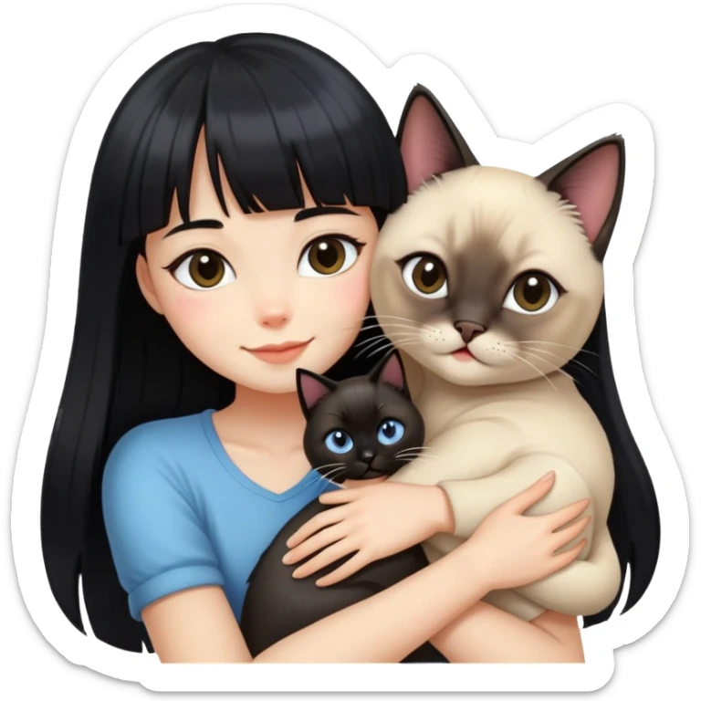 A girl with long black hair and bangs happily hugs a Siamese cat sticker