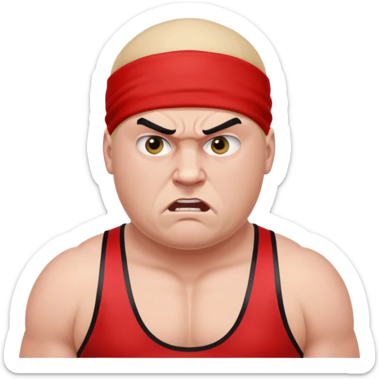 Close-up of white skin fat guy with young face, no muscle with prominent black durag, completely shaved face, no beard or mustache, black eyes in a red and black wrestling singlet with angry face sticker
