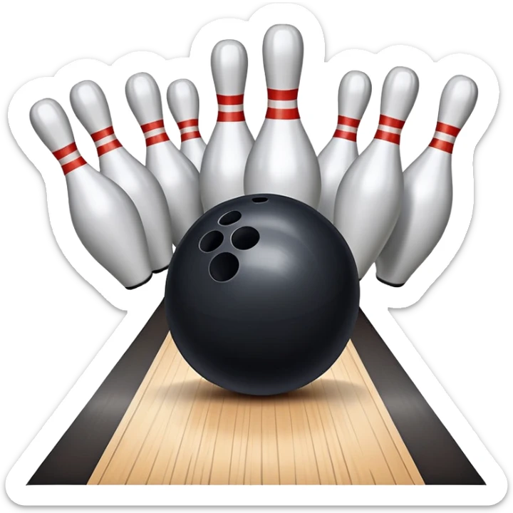 A bowling ball rolling down the lane towards a set of pins, with the pins poised to fall. The scene is set in a bowling alley with bright lights and a polished wooden floor, capturing the excitement and precision of the sport. sticker