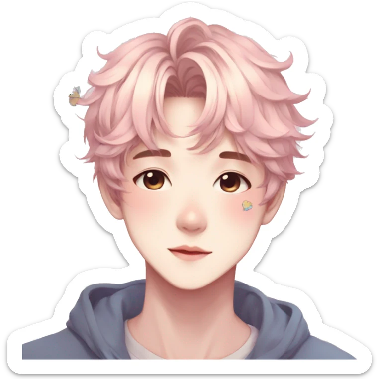 Gorgeous pastel anime style boy with blushing face and butterflies aesthetic trending style sticker